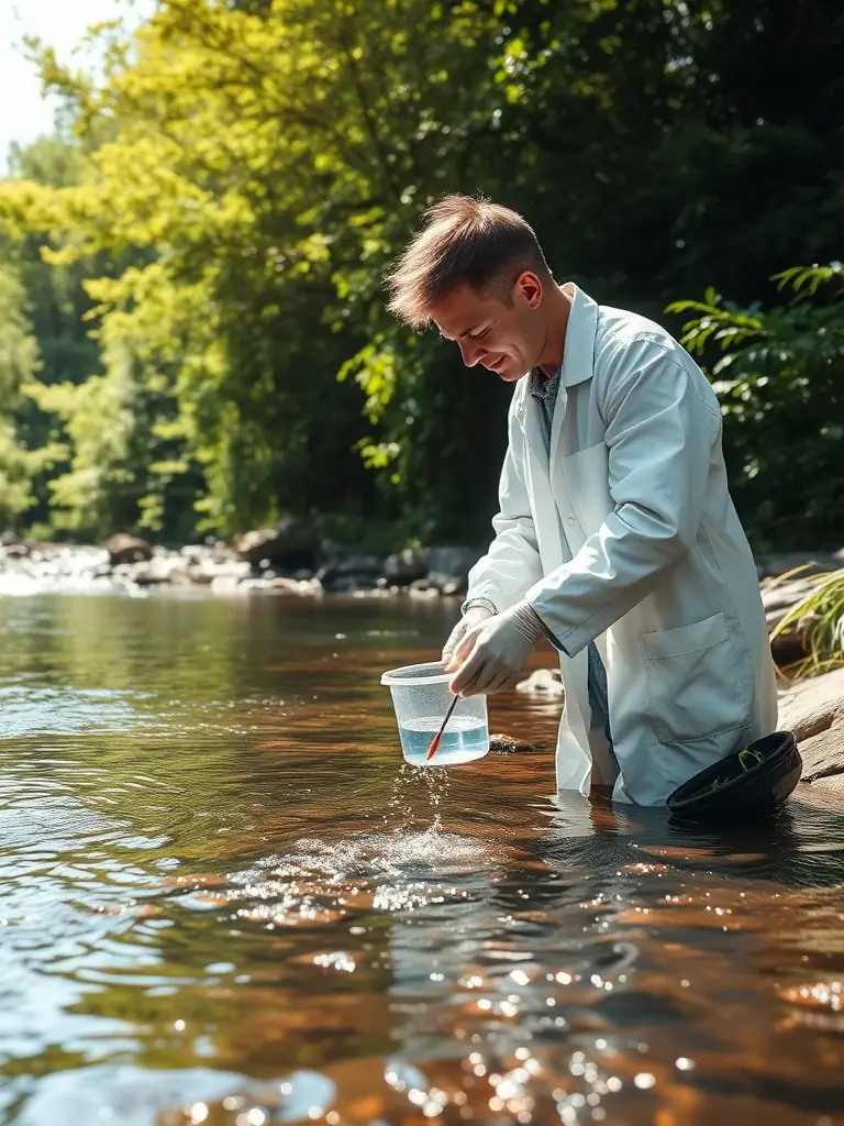 A scientist collecting water samples from a local river, as part of the Aquatic Environment Monitoring program.