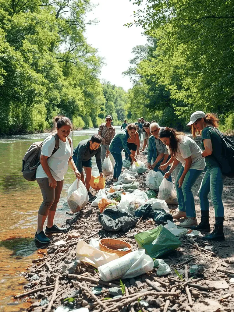 A picture of a group of people cleaning up trash along a riverbank, highlighting the association's commitment to environmental cleanup.