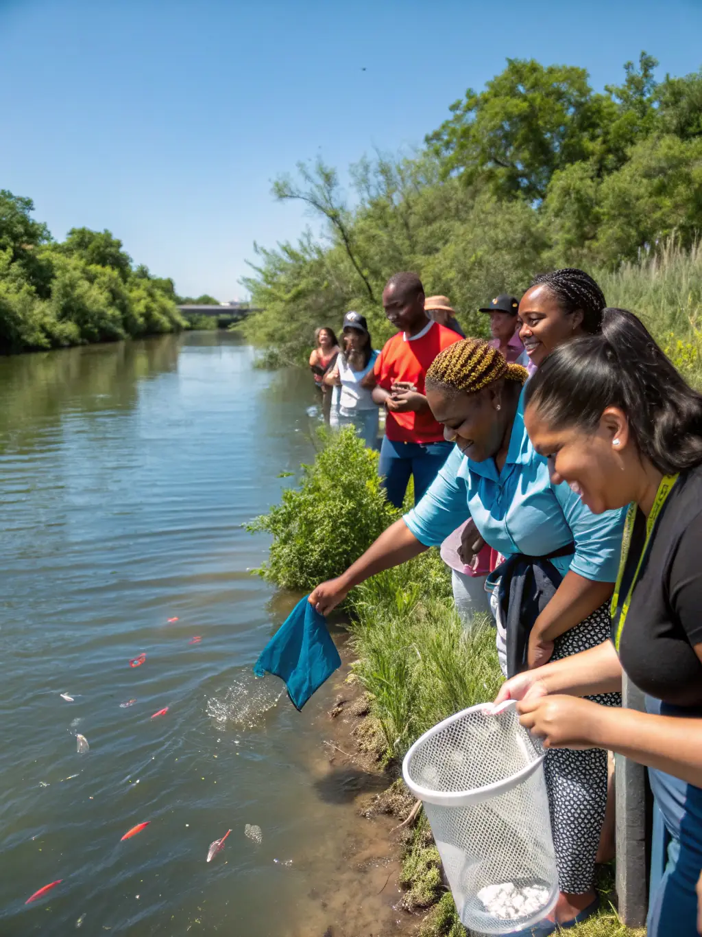 Image of a fisheries management team member releasing juvenile fish into a river, showcasing efforts to replenish fish stocks.