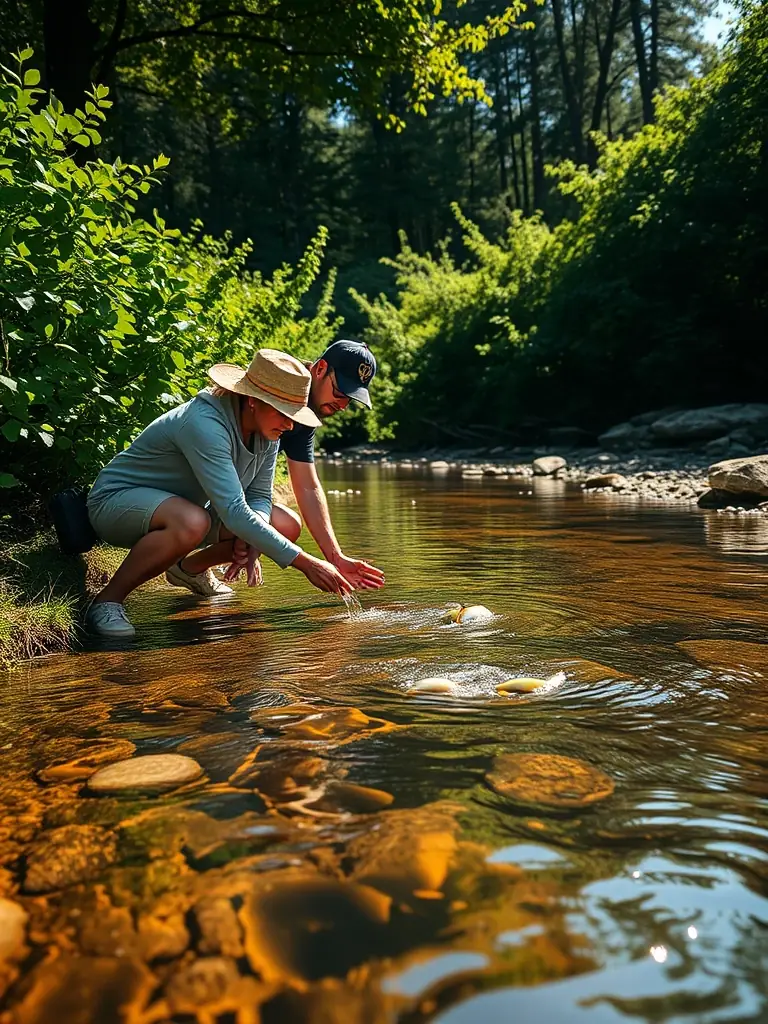 A photo of volunteers releasing juvenile fish into a river, showcasing the association's restocking efforts.