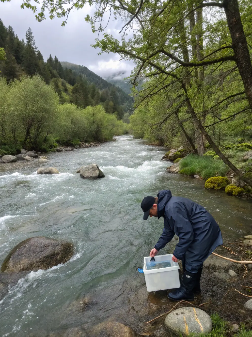 A photo of researchers collecting water samples from a river, demonstrating the association's monitoring and research activities.