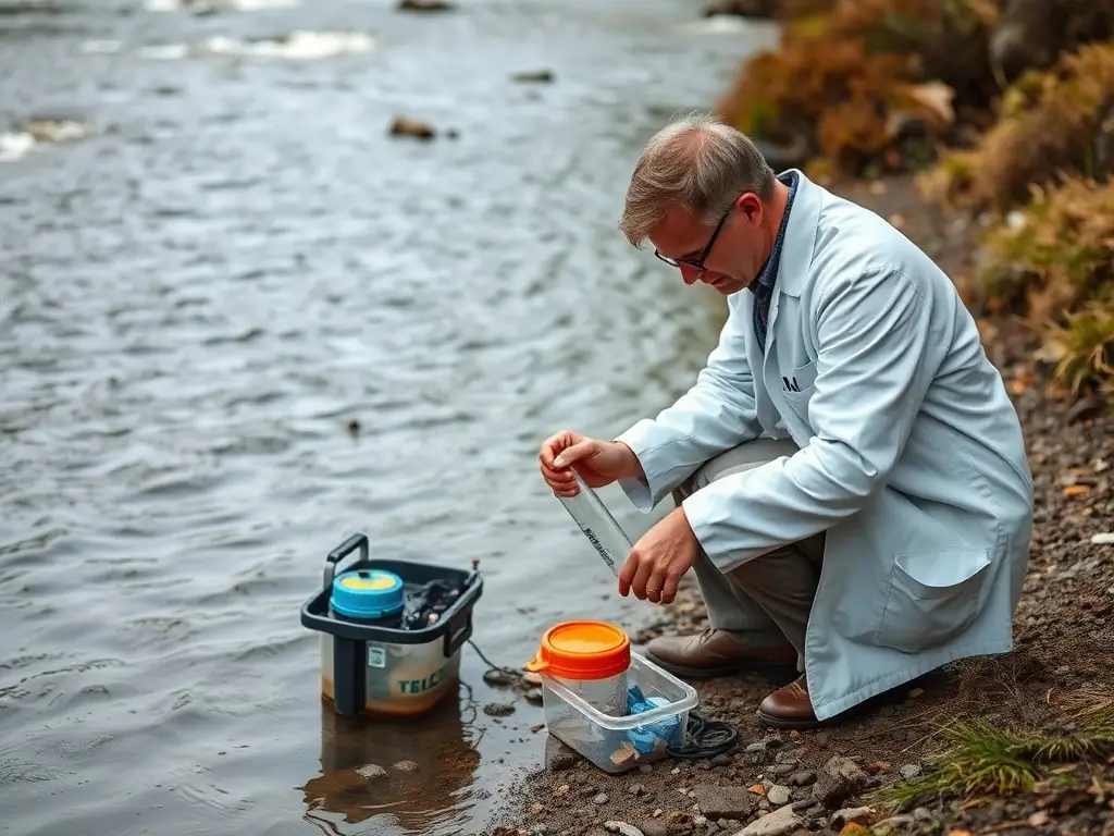 A photo of a scientist collecting water samples from a local river, conducting tests to monitor water quality and identify potential pollution sources.