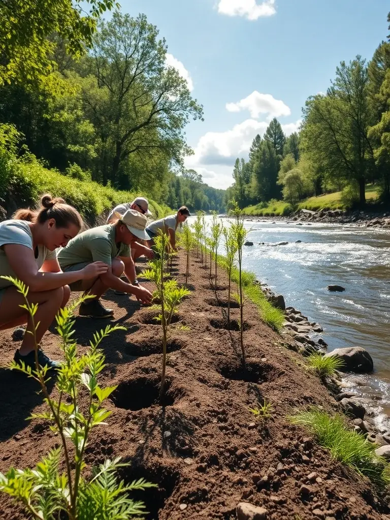 A panoramic view of a rural riverside landscape with volunteers planting trees along the banks, highlighting community involvement in environmental stewardship.