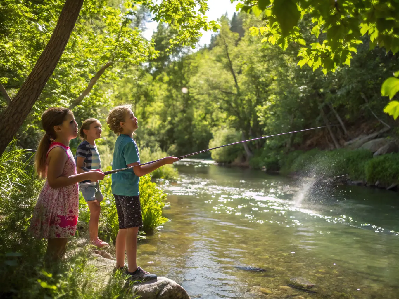 An image of a group of children participating in a fishing education program, learning about responsible fishing practices and the importance of conservation.