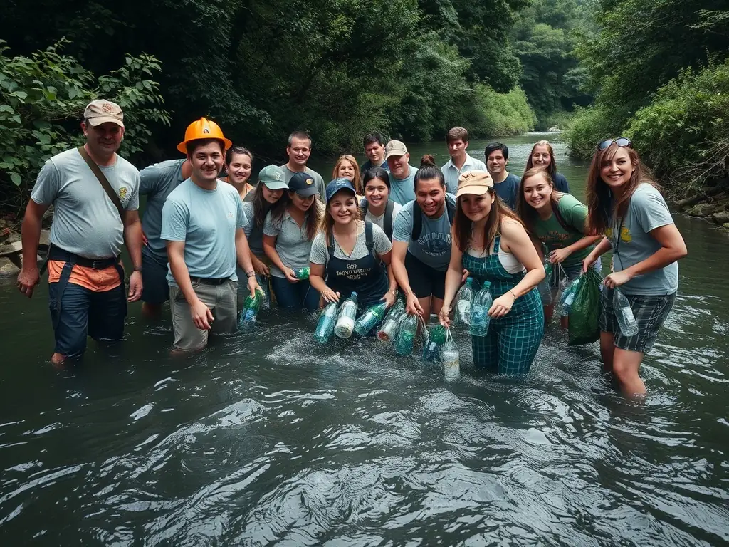 A picturesque image of a group of volunteers cleaning up a riverbank, removing litter and debris to improve the aquatic habitat.