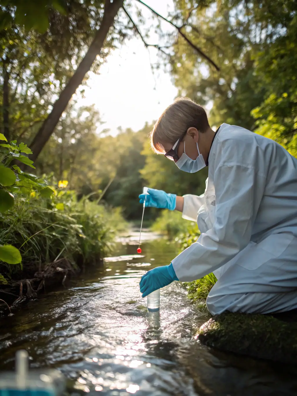 A scientist in field gear testing water quality at a riverbank, with monitoring equipment and data sheets, representing ongoing environmental research.