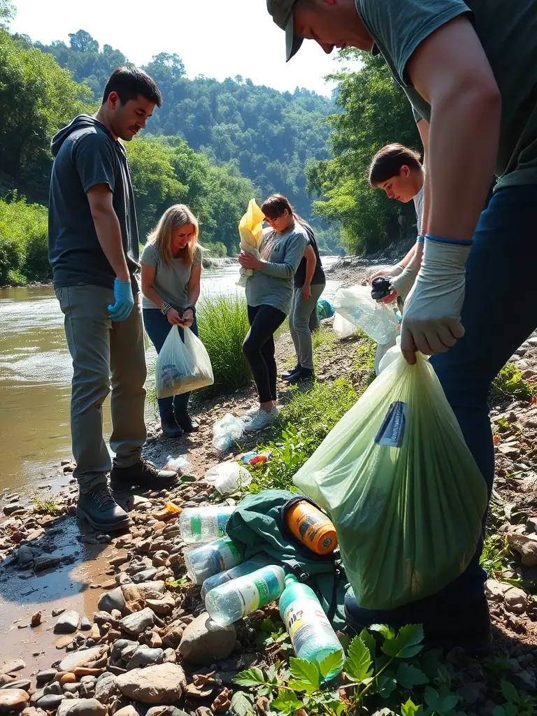 A group of children and adults participating in a river clean-up event, collecting debris and learning about sustainable fishing practices.