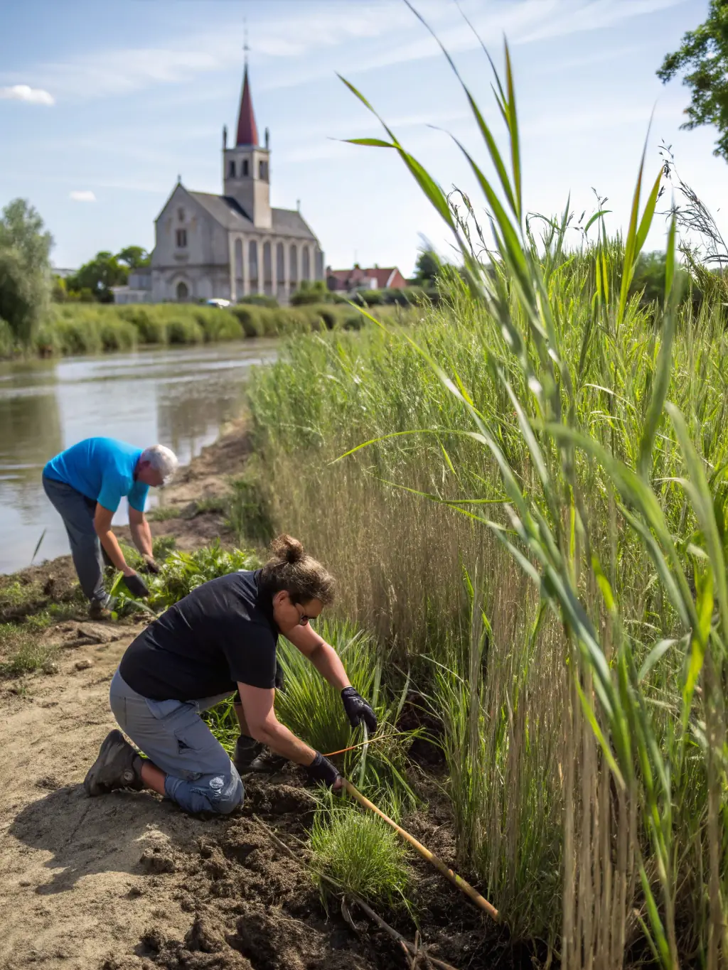 A photo of volunteers planting vegetation along a riverbank, focusing on native species restoration as part of the Biodiversity Preservation Initiative.